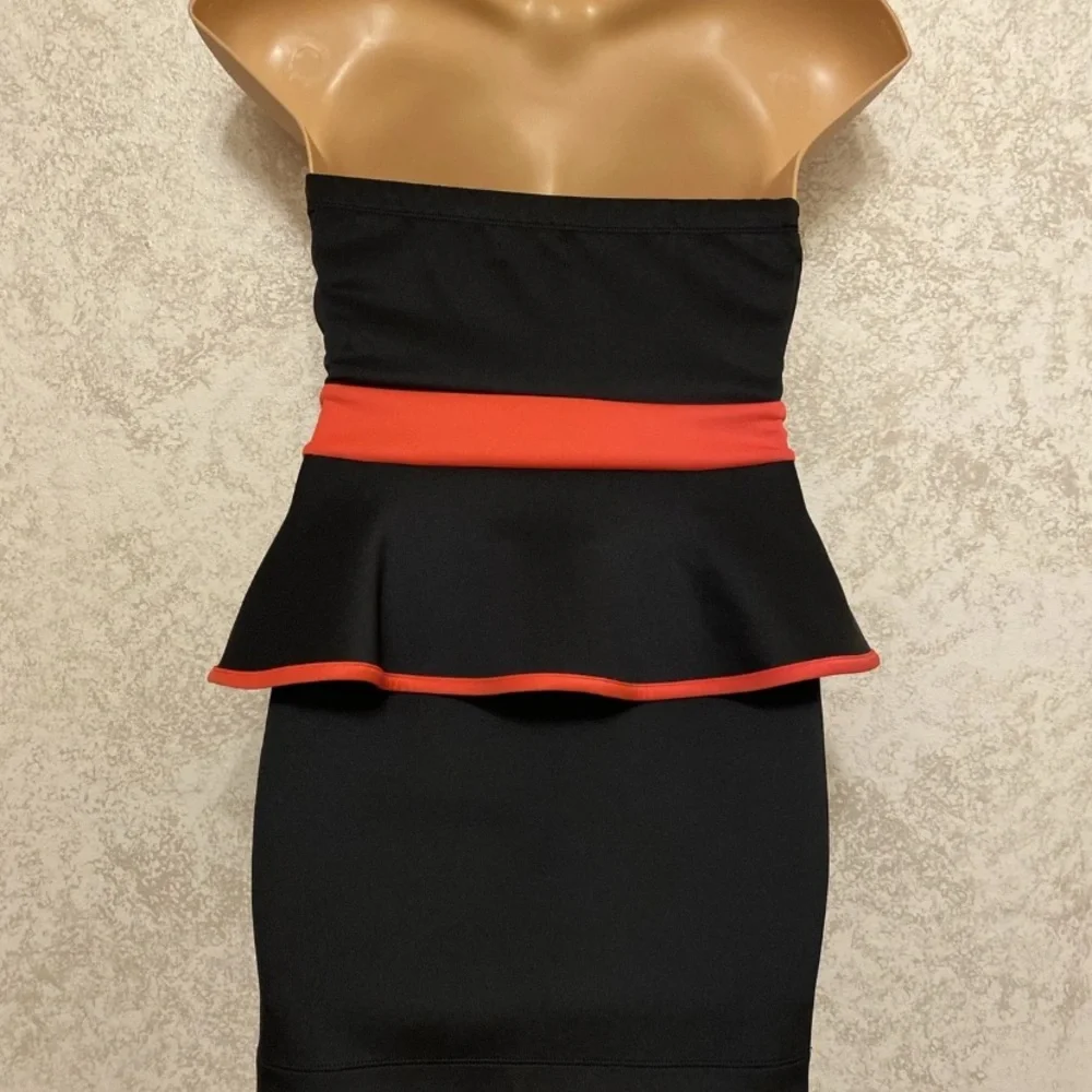 Emerald Sundae Asymmetrical Ruffle Black Dress with Coral Red Accents